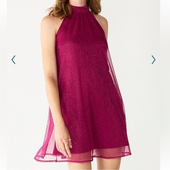 Nine West Dresses Nine West Mockneck SleevelesSwing Mini Dress Metallic Burgundy - Picture 1 of 15